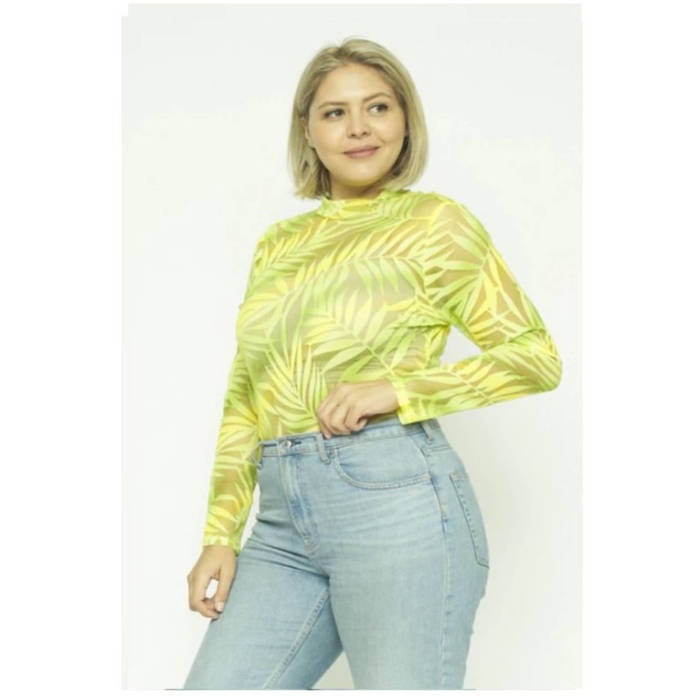Long Sleeve Leaf Print Body Suit - 2X
